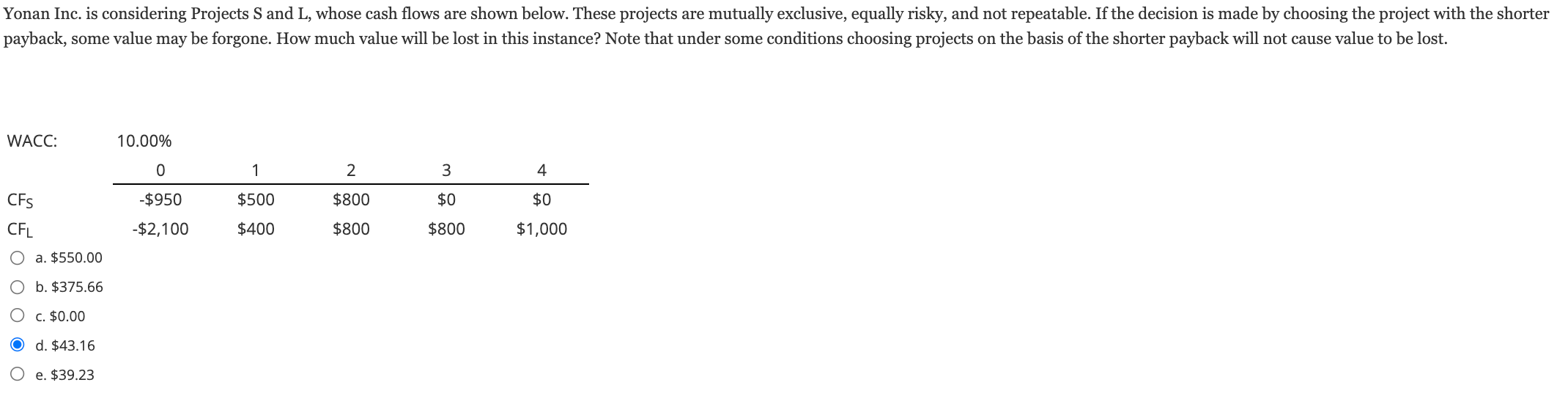 Yonan Inc. is considering Projects S and L, whose cash flows