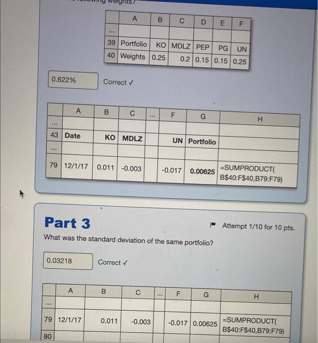spreadsheet with stock prices for five consumer packaged goods companies. Part 1