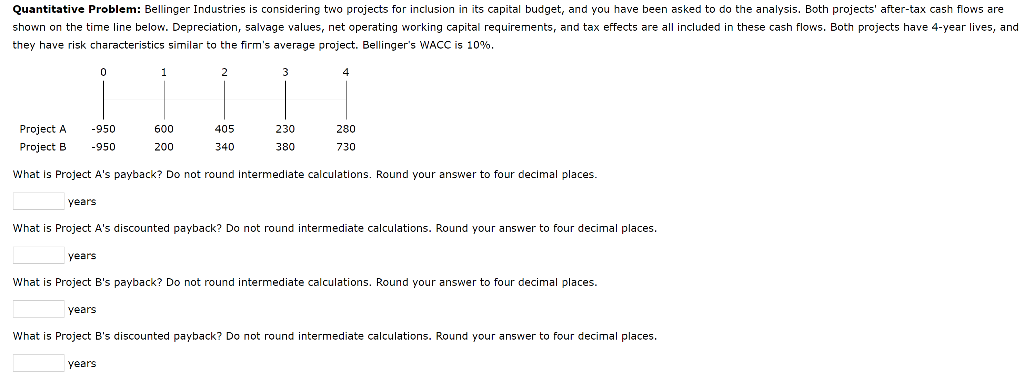 Quantitative Problem: Bellinger Industries is considering two projects for inclusion in