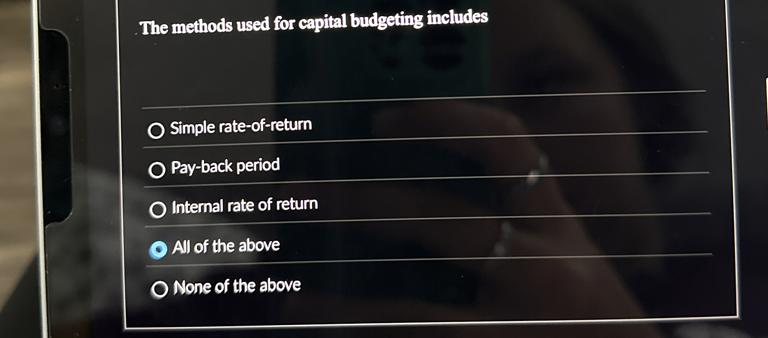 The methods used for capital budgeting includes Simple rate-of-return Pay-back period