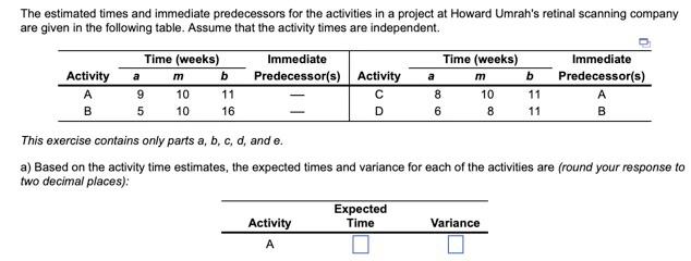 variance for each of the activities are (round your response to two