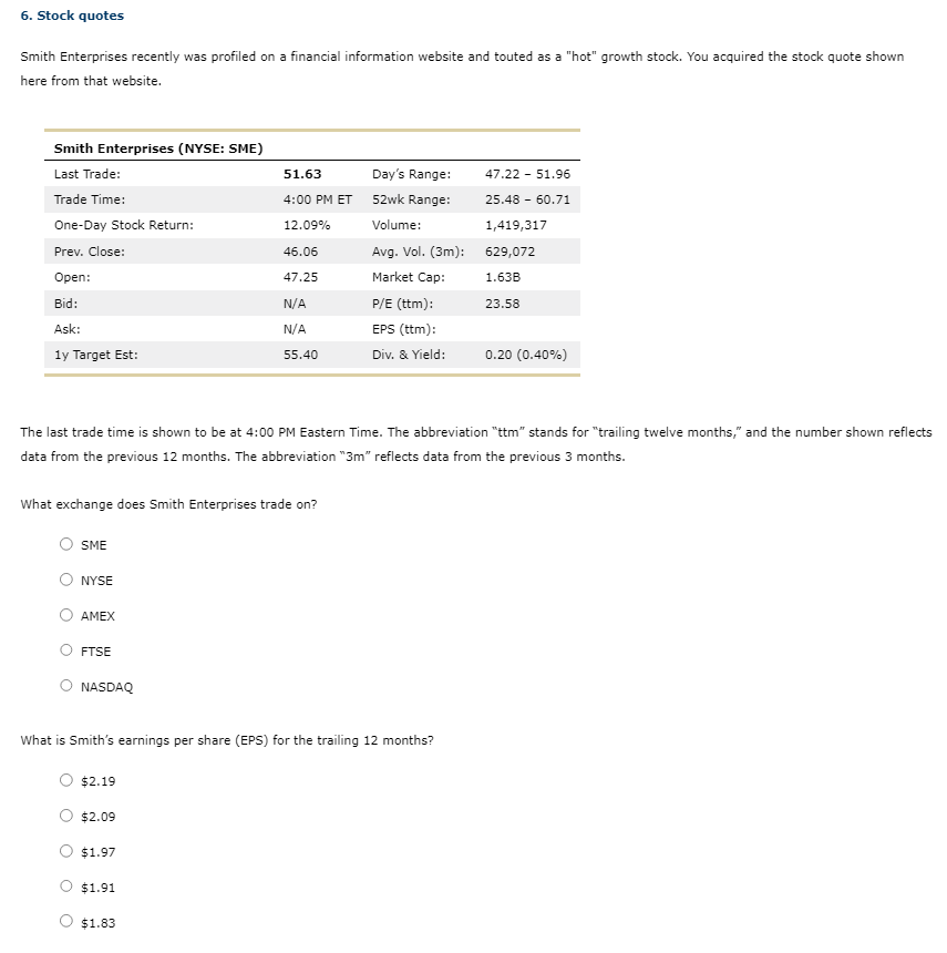  6. Stock quotes Smith Enterprises recently was profiled on a financial