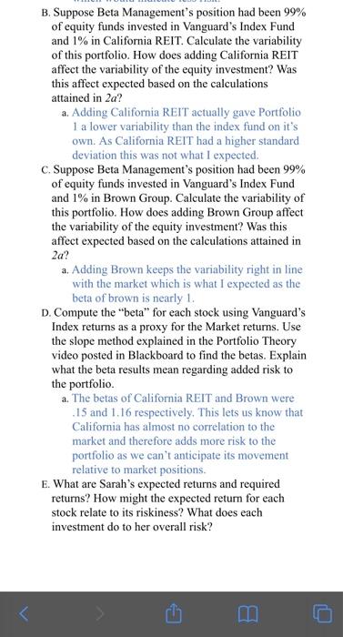 can you answer question E given the following data B. Suppose Beta