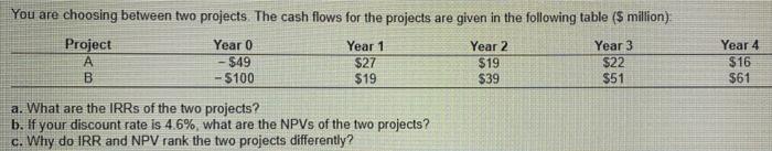 Ch8 Q4Show work please You are choosing between two projects. The cash