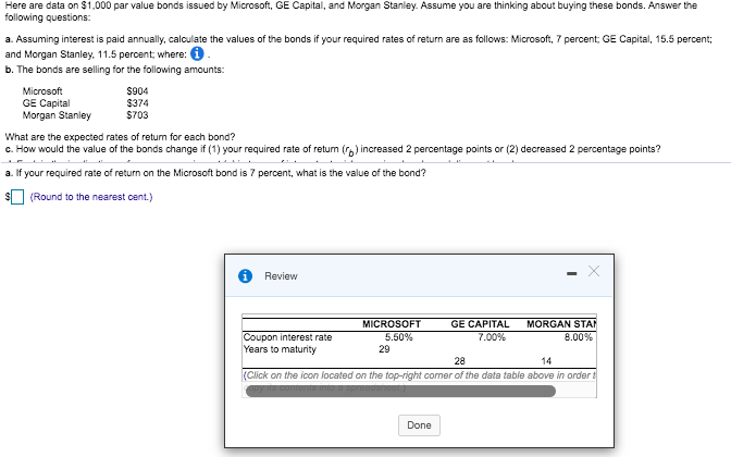 Here are data on $1,000 par value bonds issued by Microsoft,