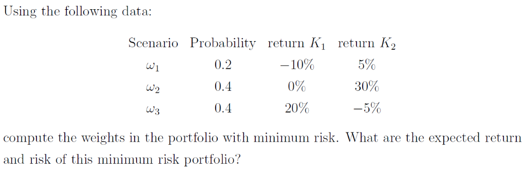  Using the following data: Scenario Probability return K1 return K2 -10%