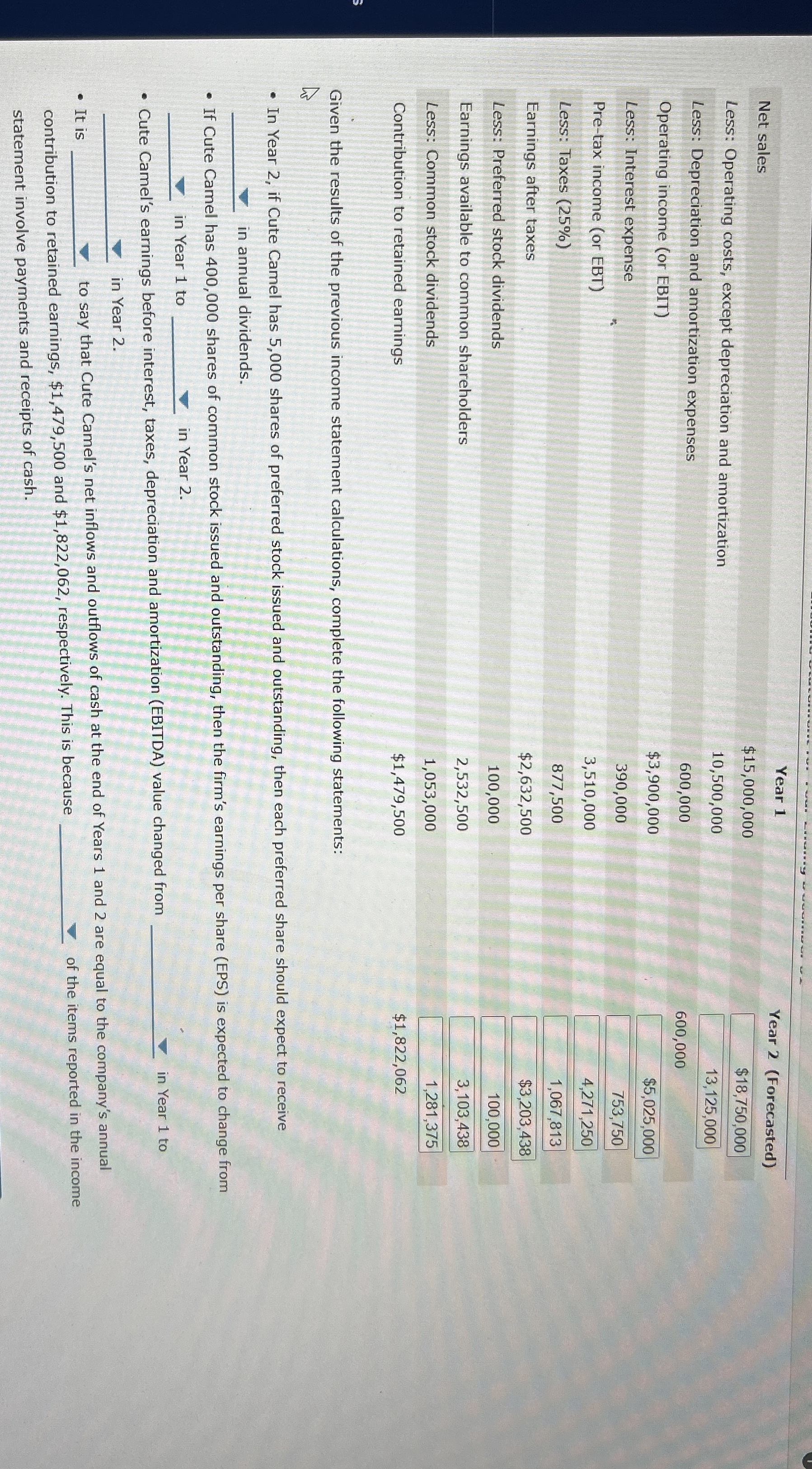 \table[[,Year 1,Year 2(Forecasted)],[Net sales,$15,000,000,$18,750,000 