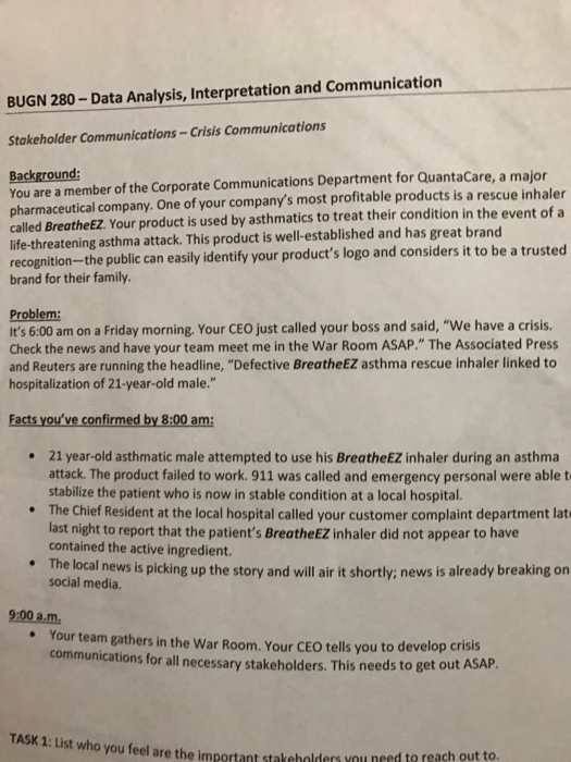 just need the tasks done BUGN 280-Data Analysis, Interpretation and Communication