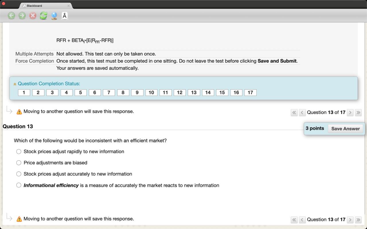  Blackboard RFR + BETA;*[E(Rm-RFR)] Multiple Attempts Not allowed. This test can