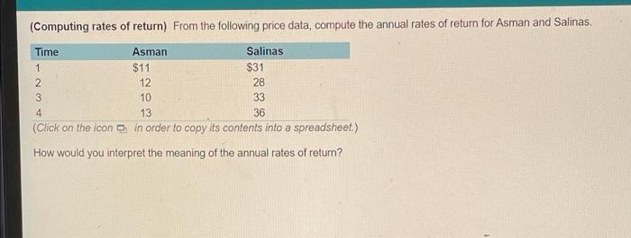  (Computing rates of return) From the following price data, compute the
