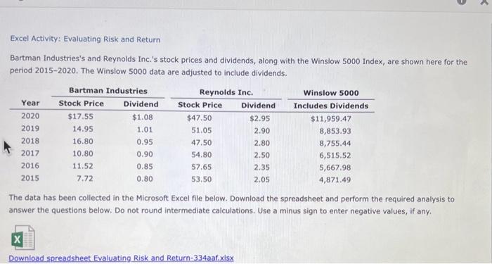 please answer sections a. b. c. d. Excel Activity: Evaluating Risk and