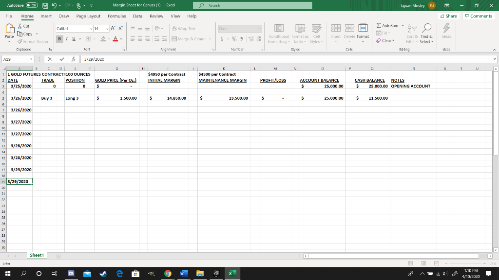 Margin (35 points) For this section, use the excel sheet posted on