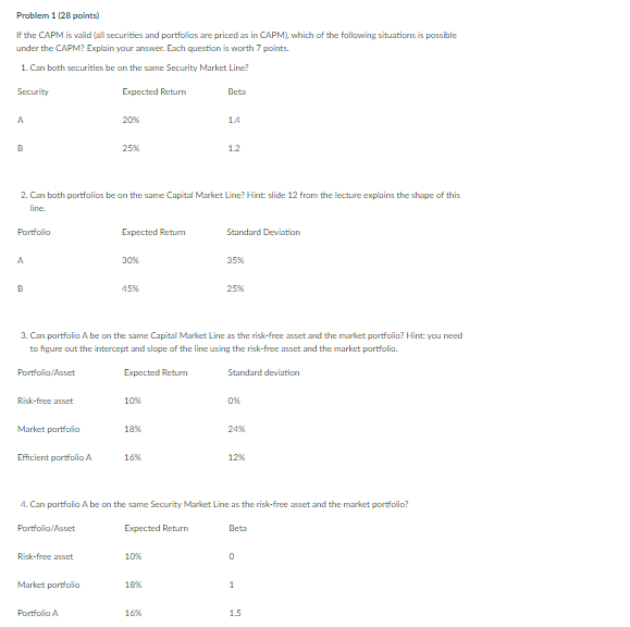 Problem 1 [28 points) If the CAPM is valid (all securities