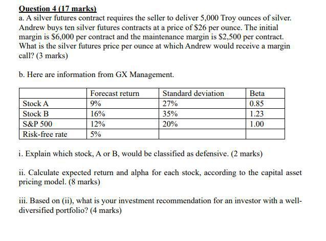  Question 4 (17 marks) a. A silver futures contract requires the