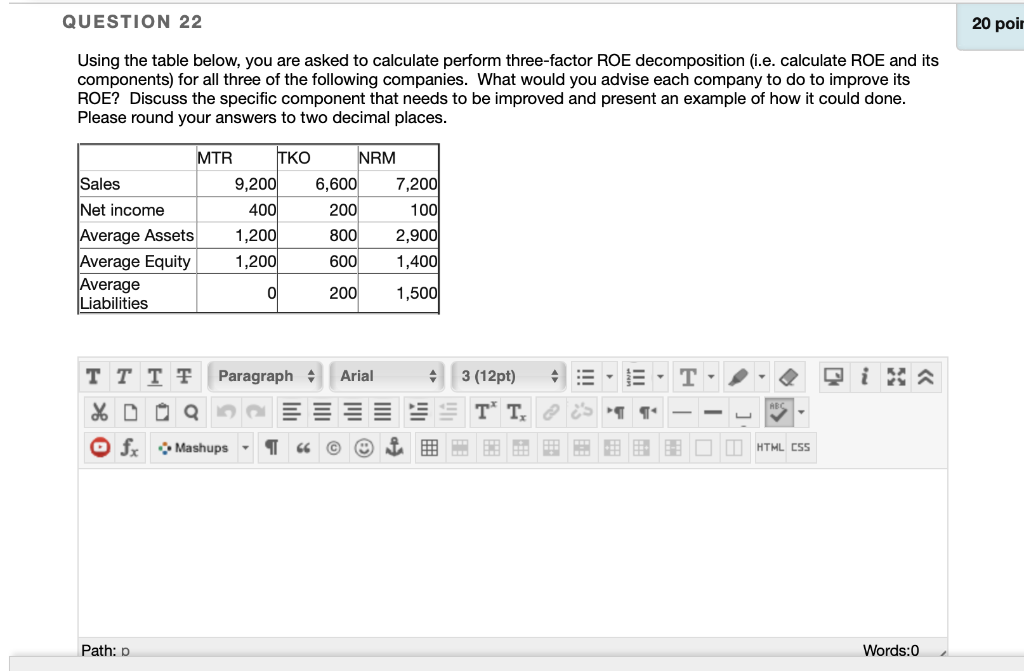  QUESTION 22 20 poir Using the table below, you are asked
