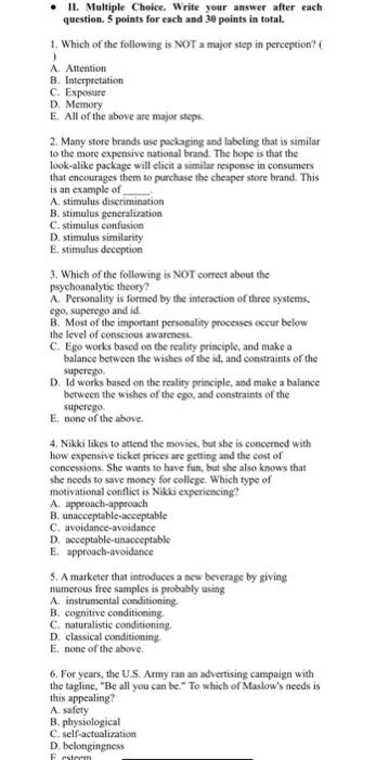  II. Multiple Choice. Write your answer after each question. 5 points