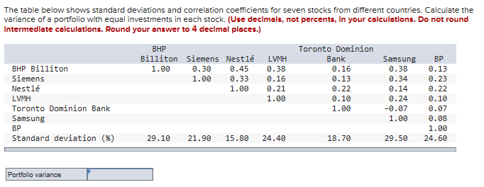  The table below shows standard deviations and correlation coefficients for seven