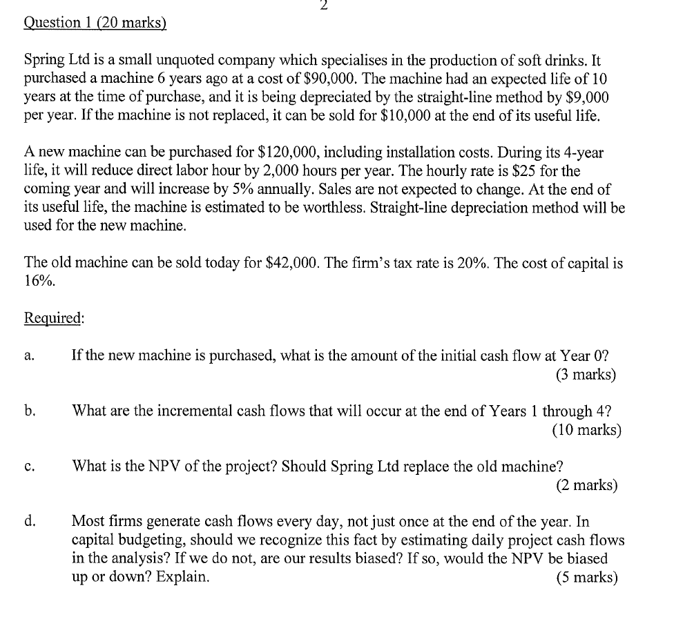 Question 1 (20 marks) Spring Ltd is a small unquoted company