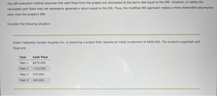  The IRR evaluation method assumes that cash flows from the project