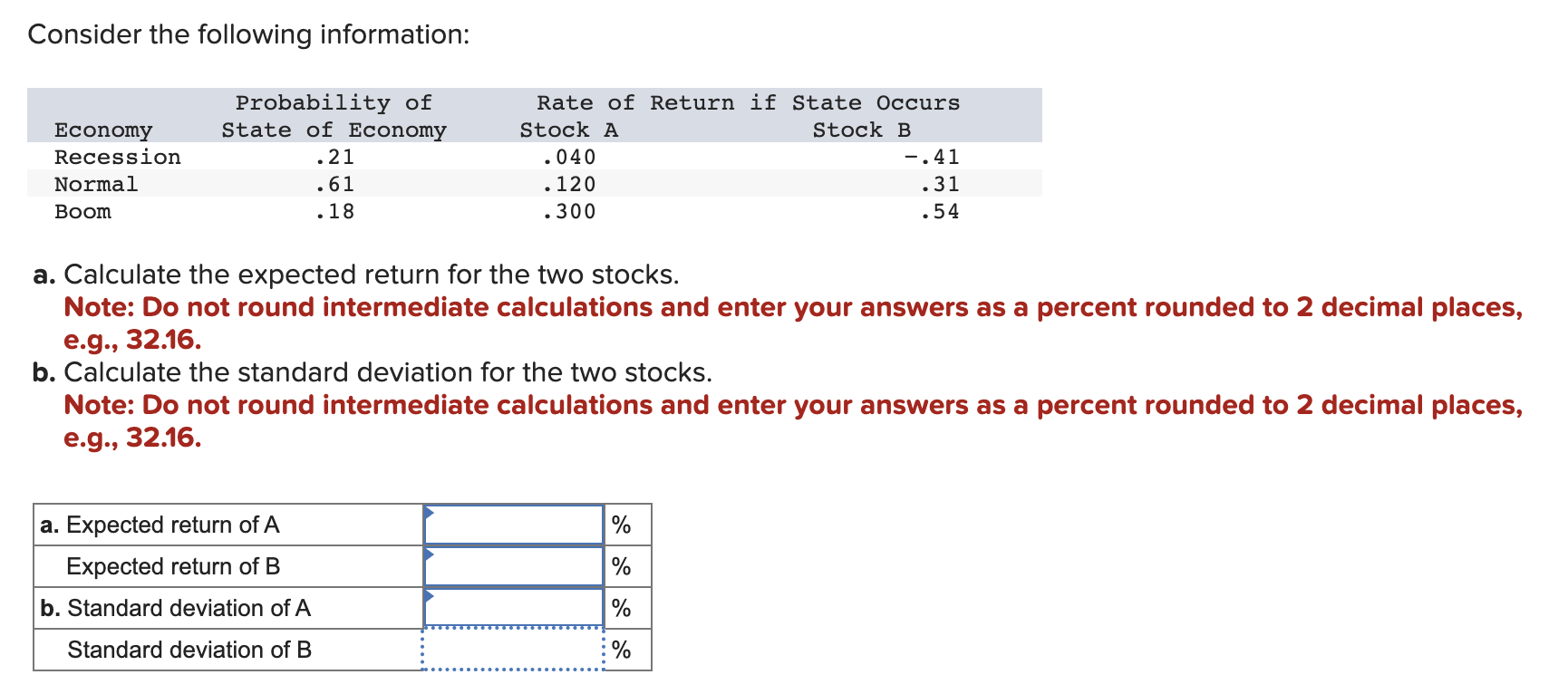 Consider the following information: a. Calculate the expected return for the