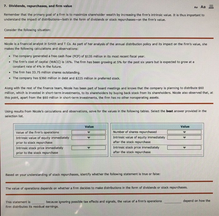  7. Dividends, repurchases, and firm value Aa Aa E Remember that