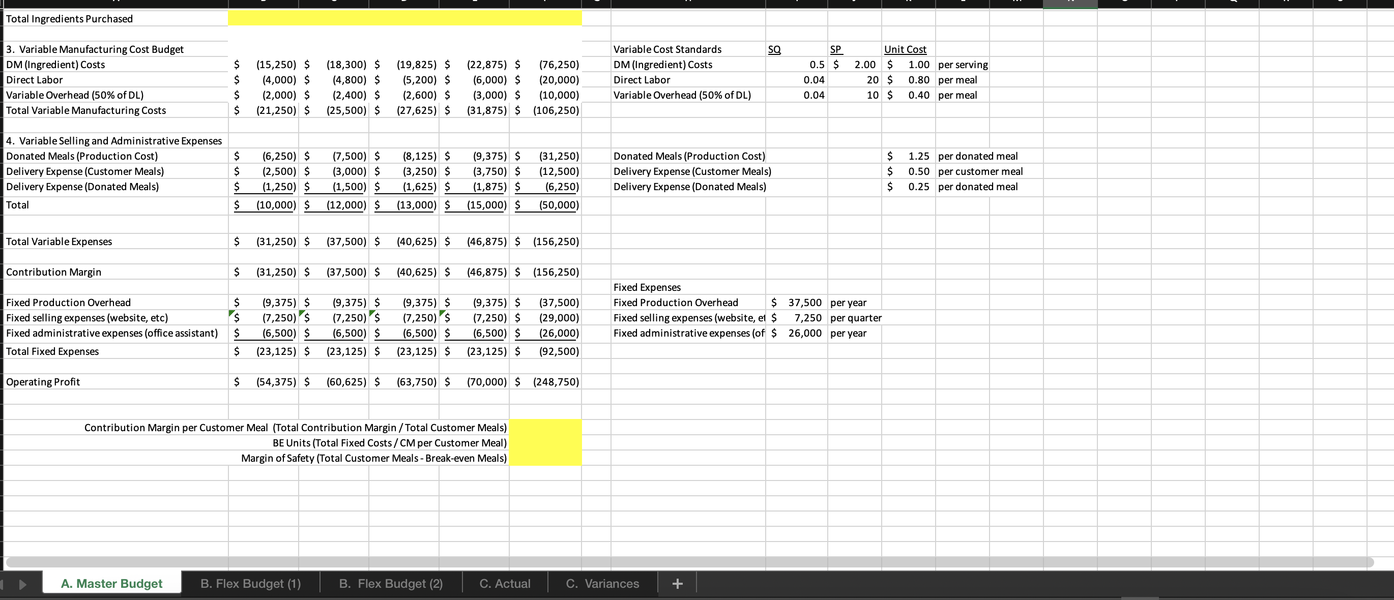 formulas in the yellow cells linking to the assumptions on the right.