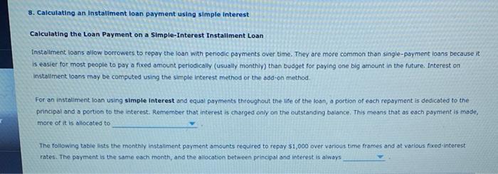 8. Calculating an installment loan payment using simple interest Calculating the