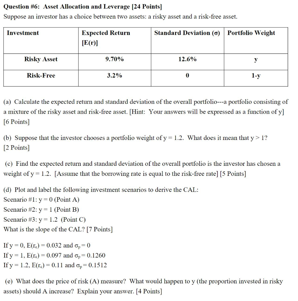 Question #6: Asset Allocation and Leverage (24 Points) Suppose an investor