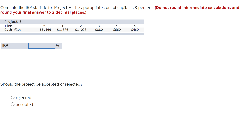  Compute the IRR statistic for Project E. The appropriate cost of