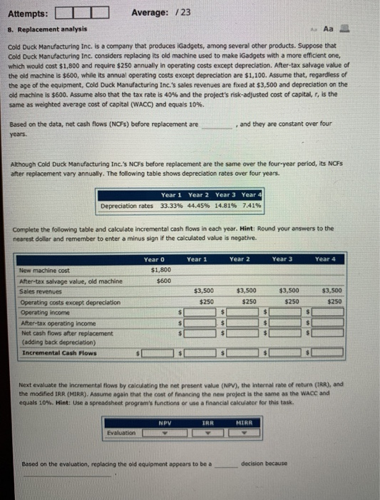  Average: 723 Attempts: 8. Replacement analysis Aa 3 Cold Duck Manufacturing