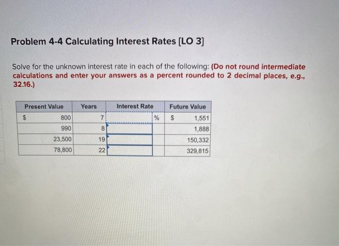  Problem 4-4 Calculating Interest Rates (LO 3] Solve for the unknown