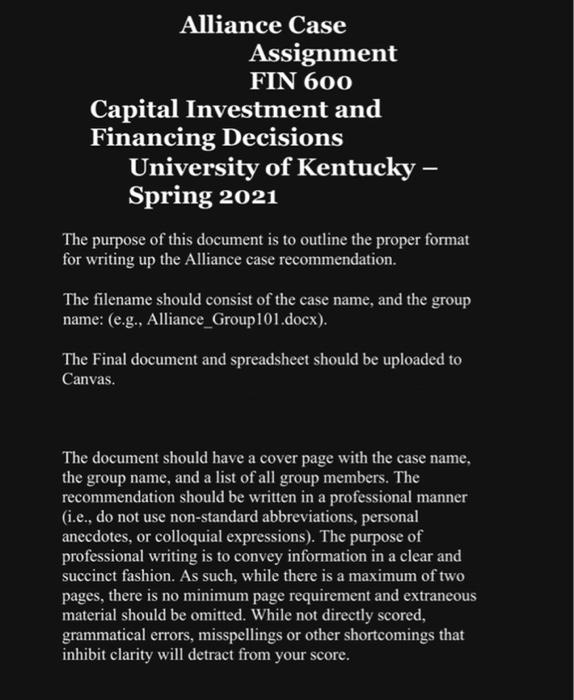 Please help answer these questions on the Alliances case based on these