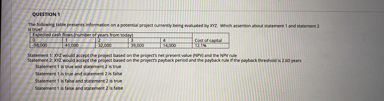  QUESTION 1 The following table presents information on a potential project