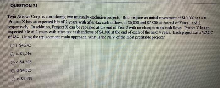  QUESTION 31 Twin Arrows Corp. is considering two mutually exclusive projects.