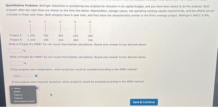 to do the analysis. Both projects' after-tax cash flows are shown on