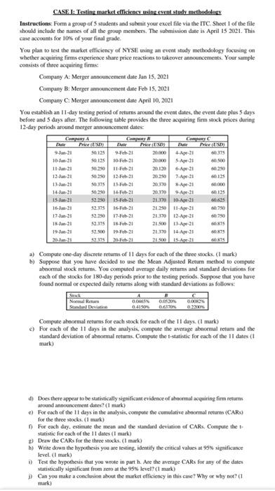  CASE 1: Testing market officiency using event study methodology Instructions Form