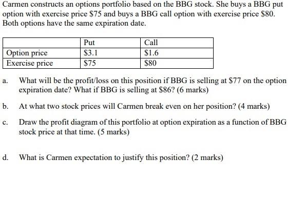 Carmen constructs an options portfolio based on the BBG stock. She