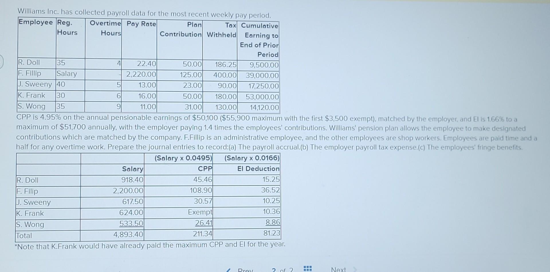  4 Williams Inc. has collected payroll data for the most recent