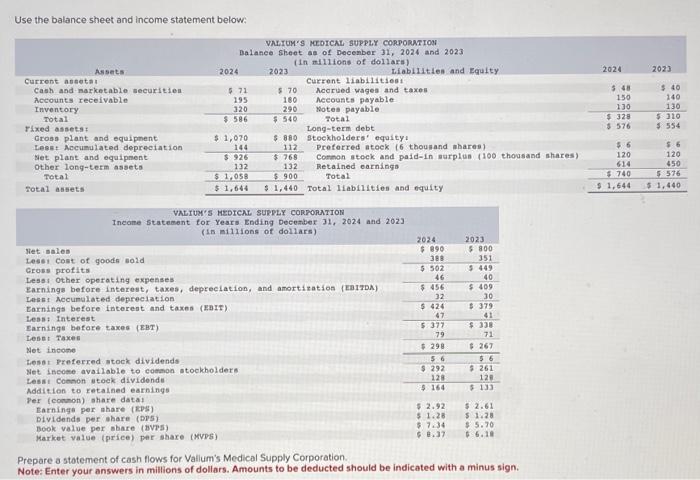  Use the balance sheet and income statement below: Prepare a stotement
