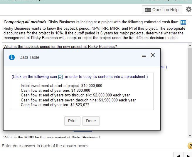 Question Help Comparing all methods. Risky Business is looking at a