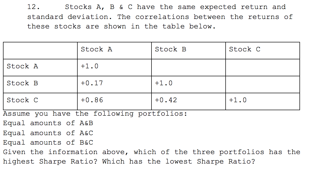  12. Stocks A, B & C have the same expected return