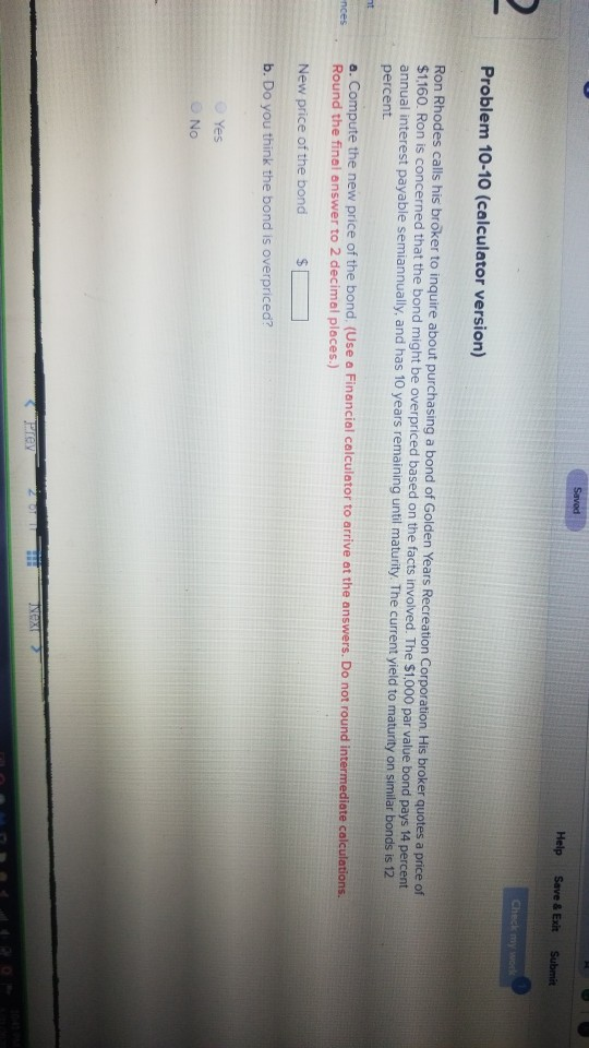 Savod Help Save & Exit Submit Problem 10-10 (calculator version) Ron