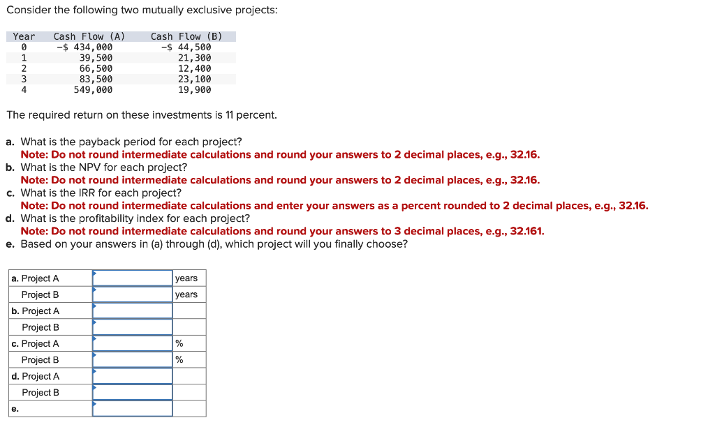  Consider the following two mutually exclusive projects: The required return on