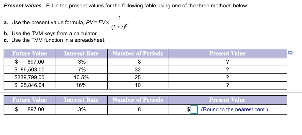  Present values. Fill in the present values for the following table