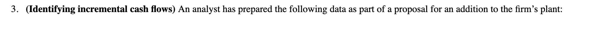 3. (Identifying incremental cash flows) An analyst has prepared the following