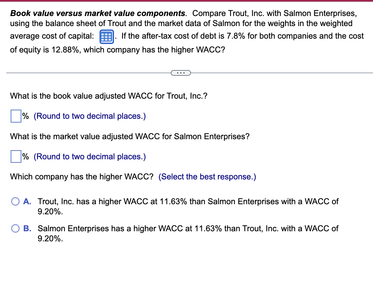Book value versus market value components.Compare Trout, Inc. with Salmon Enterprises, using