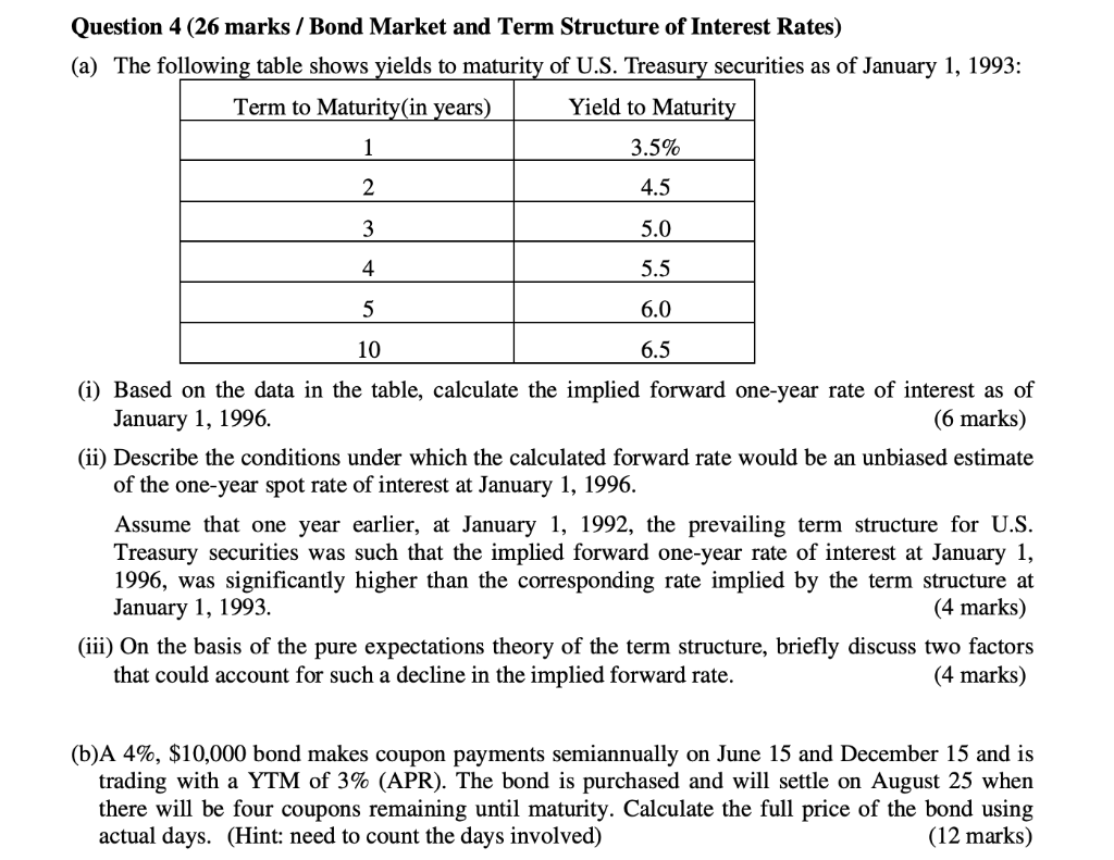Question 4 (26 marks / Bond Market and Term Structure of