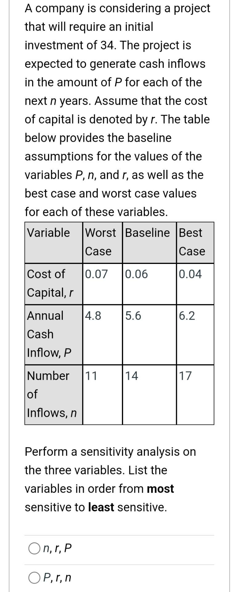 A company is considering a project that will require an initial