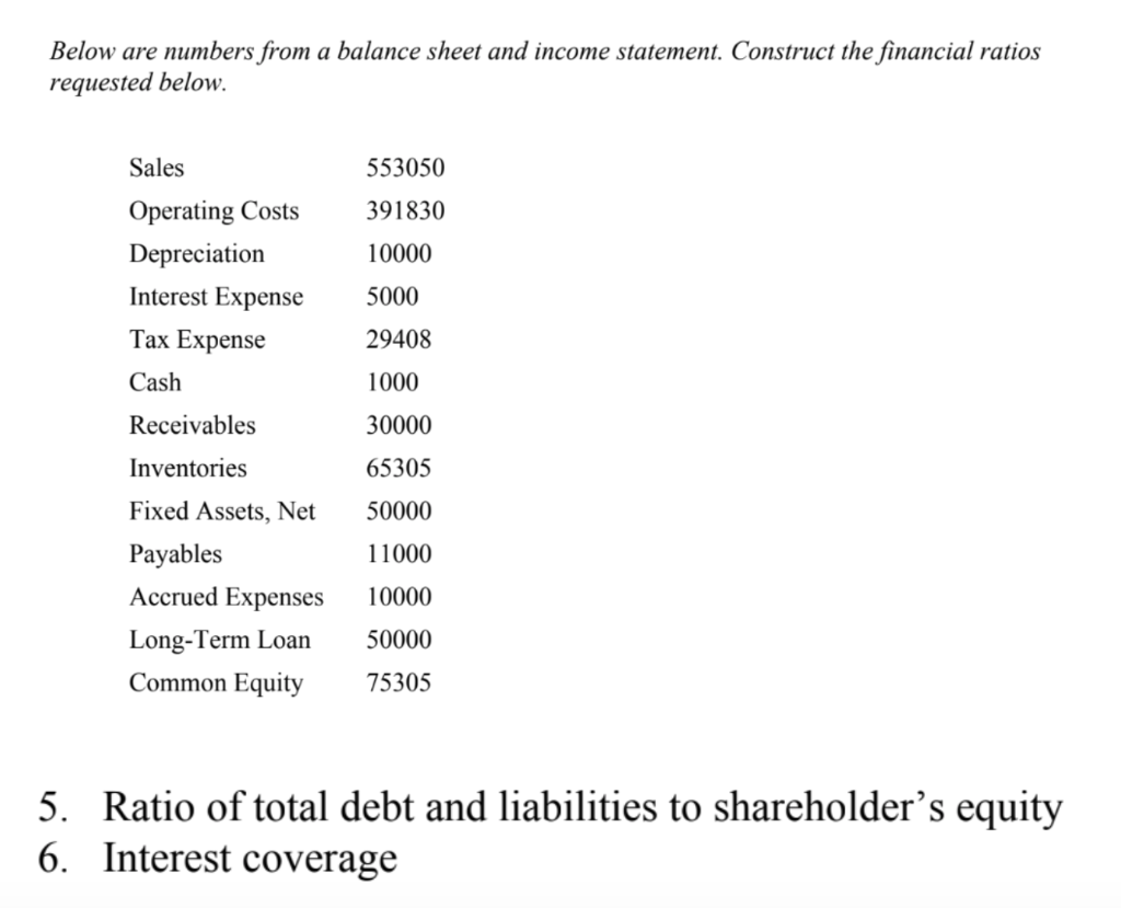  Below are numbers from a balance sheet and income statement. Construct