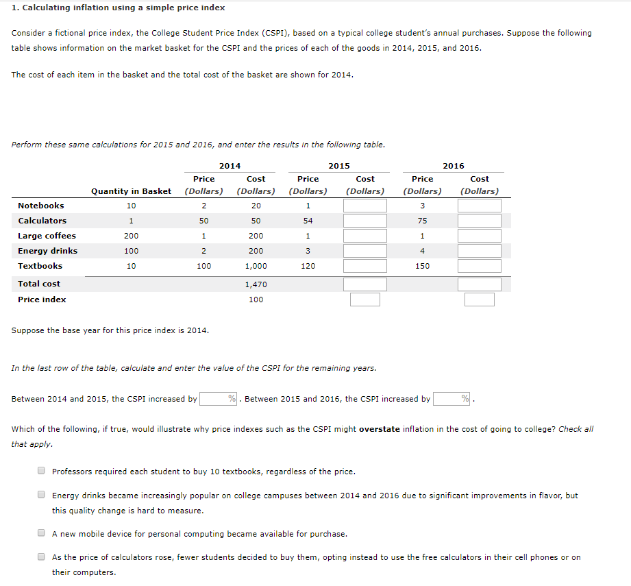  1. Calculating inflation using a simple price index Consider a fictional